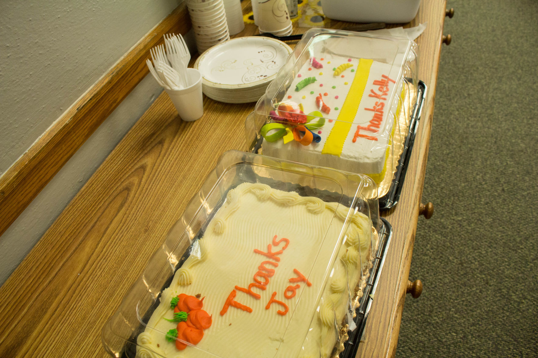 Two cakes to honor now former school board trustees